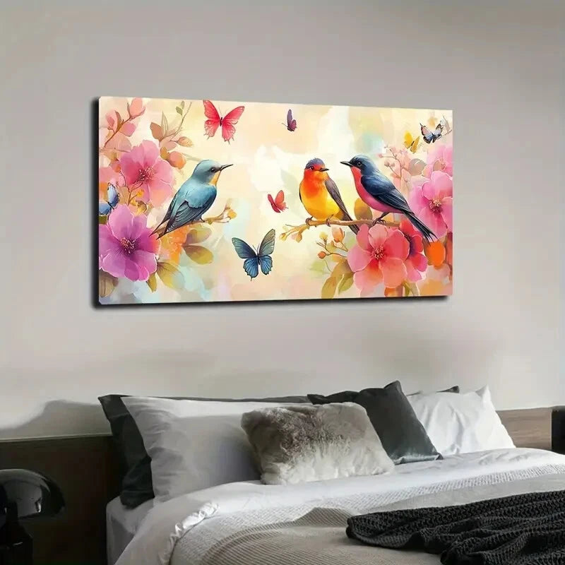 Vibrant Three Birds Perched Wall Art Canvas Office Home Room Framed 120x60cm - Bella Home Decor