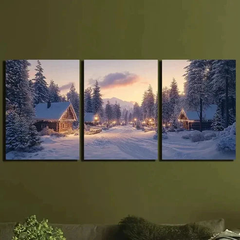 3pcs Houses in the Snow Mountain  Wall Art Set Canvas Unframed - High Quality Print 100% Australian Made Wall Canvas