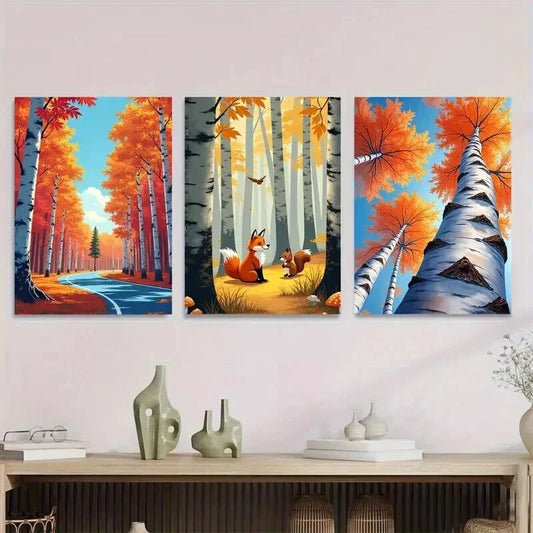 3pcs Autumn Forest Scene Fox and Squirrels Tree Wall Art Set Canvas Framed 50x70cm - High Quality Print 100% Australian Made Wall Canvas Ready to Hang