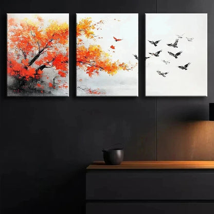 3pcs Colorful Autumn Tree and Birds Theme Wall Art Set Canvas Framed 60x90cm - High Quality Print 100% Australian Made Wall Canvas Ready to Hang
