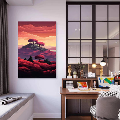 Three Trees Hill With Sunset 40x60cm Metal Print Ready to Hang - Bella Home Decor