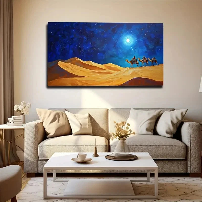Blue Night Sky Camel Wall Art Canvas Office Home Room Framed 120x60cm