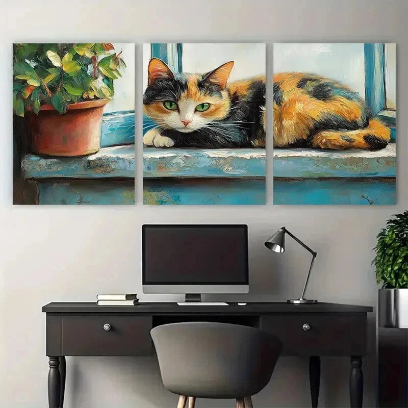 3pcs Windowsill Impasto Cat Cozy Perfect Wall Art Set Canvas Framed 50x70cm - High Quality Print 100% Australian Made Wall Canvas Ready to Hang