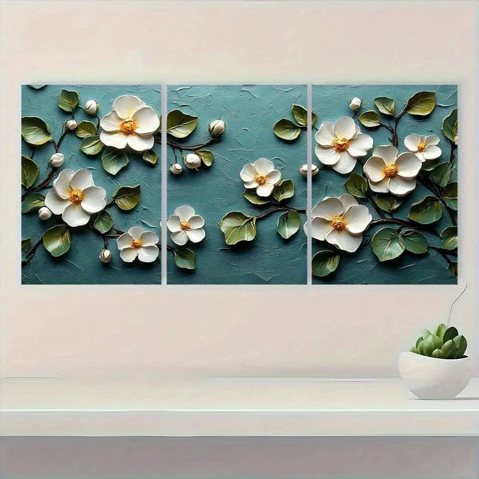 3pcs White Floral Painting Green Leaves Botanical Metal Print Ready to Hang Art - Bella Home Decor