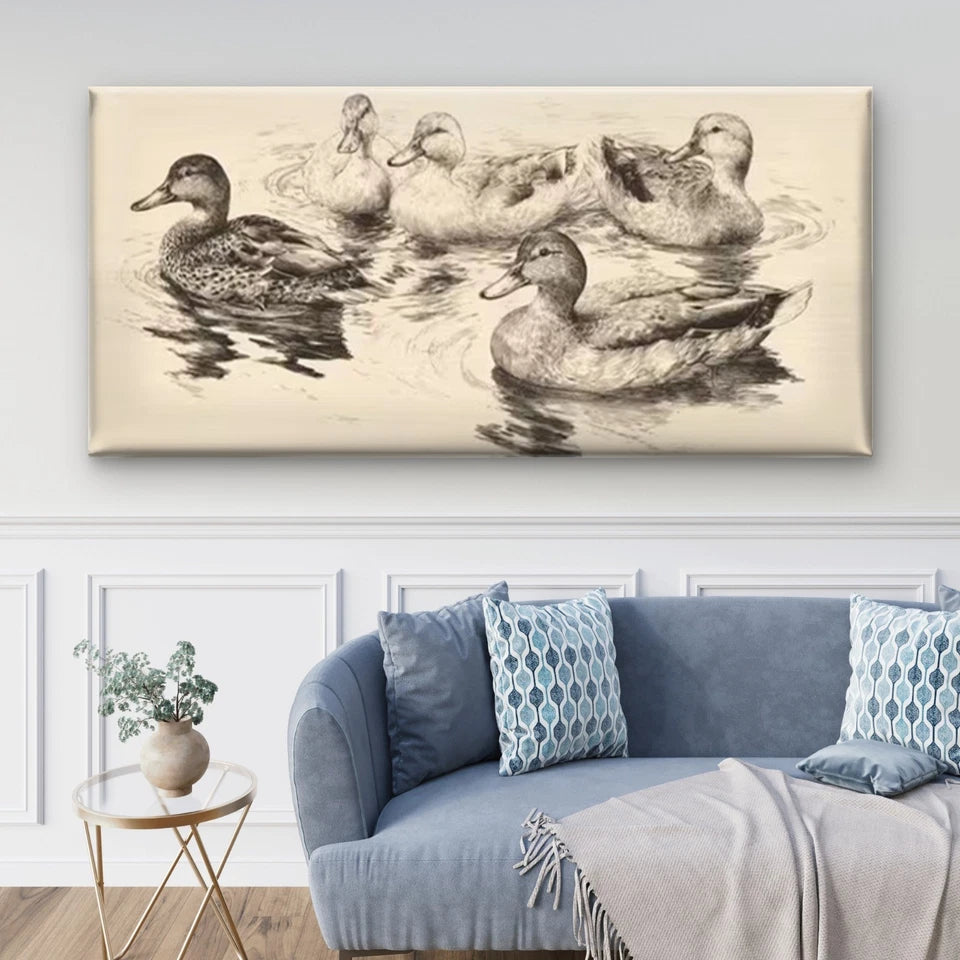 Abstract Ducks Water Scene Wall Art Canvas Office Home Room Framed 120x60cm