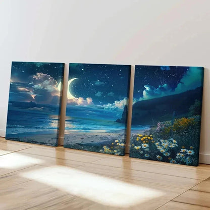 3pcs Beach Landscape Seaside Moon & Flowers Wall Art Set Canvas Framed 50x70cm - High Quality Print 100% Australian Made Wall Canvas Ready to Hang - Bella Home Decor