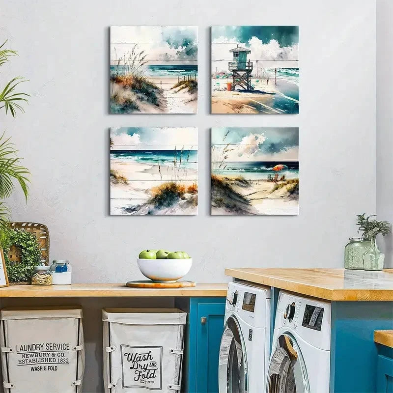 4pcs Teal Blue Beach Scenery  Wall Art Canvas Framed