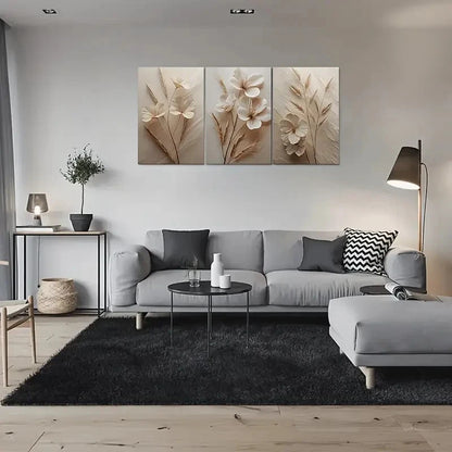 3pcs Beige White Flowers with Stems and Leaves Wall Art Set Canvas Framed 40x60cm - High Quality Print 100% Australian Made Wall Canvas Ready to Hang - Bella Home Decor