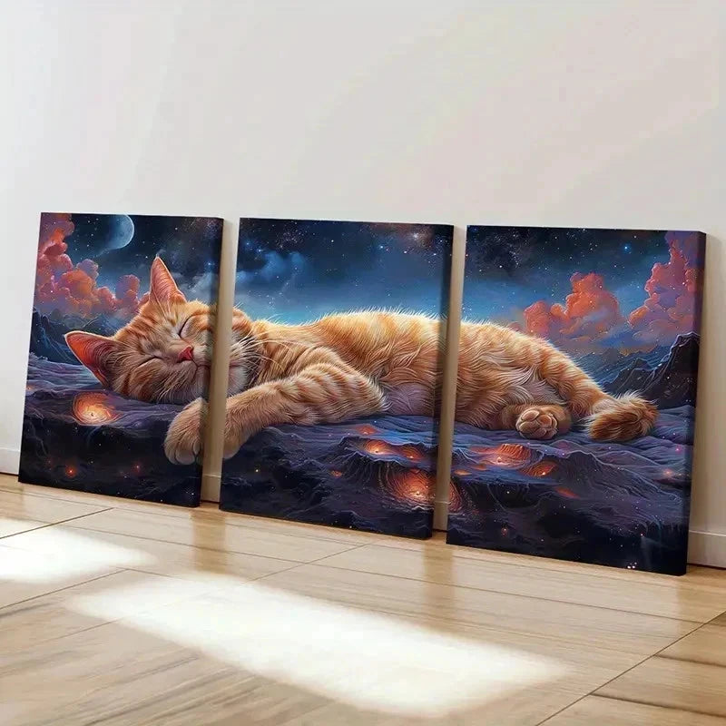 3pcs Slumbering Cat In The Stars Background Wall Art Set Canvas Framed 50x70cm - High Quality Print 100% Australian Made Wall Canvas Ready to Hang