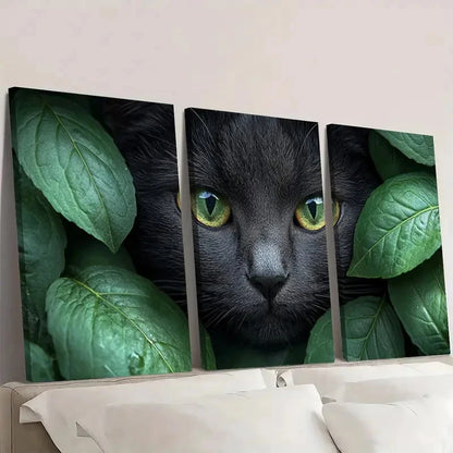3pcs Charming Black Cat & Green Leaves Wall Art Set Canvas Framed 40x60cm - High Quality Print 100% Australian Made Wall Canvas Ready to Hang - Bella Home Decor