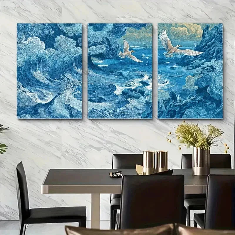 3pcs Reykjavik Décor Blue Seagull Perfect Wall Art Set Canvas Framed 50x70cm - High Quality Print 100% Australian Made Wall Canvas Ready to Hang