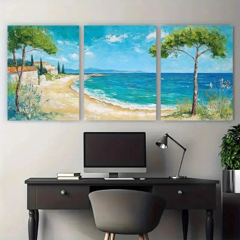 3pcs Mediterranean Beach Painting On   Wall Art Set Canvas Framed 50x70cm - High Quality Print 100% Australian Made Wall Canvas Ready to Hang - Bella Home Decor