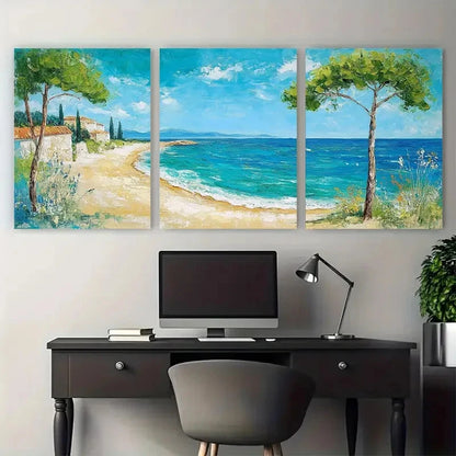3pcs Mediterranean Beach Painting On   Wall Art Set Canvas Framed 50x70cm - High Quality Print 100% Australian Made Wall Canvas Ready to Hang - Bella Home Decor