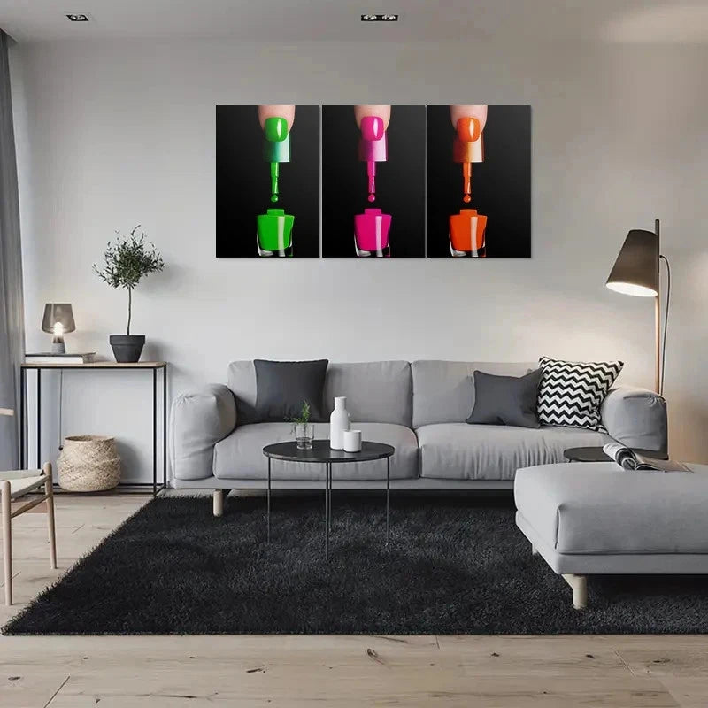 3pcs Modern Nail Polish Neon Green Pink Orange Metal Print Ready to Hang Art