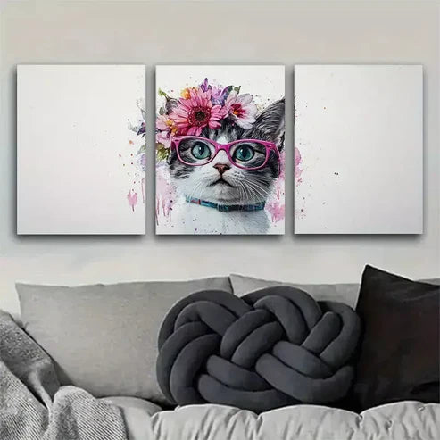 3pcs Crown of Vibrant Flowers Fashionable Kitty Wall Art Canvas Unframed - High Quality Print 100% Australian Made Wall Canvas - Bella Home Decor