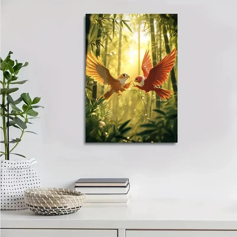Cartoon Hawk Wrestling Scene in Bamboo Painting 40x60cm Metal Print Ready to Hang - Bella Home Decor