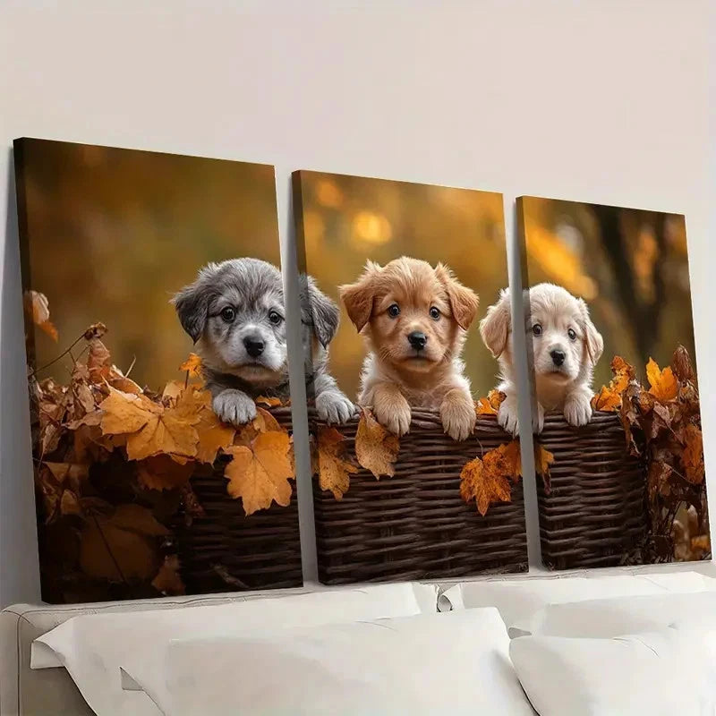 3pcs Adorable Puppies Autumn Scene Wall Art Set Canvas Framed 40x60cm - High Quality Print 100% Australian Made Wall Canvas Ready to Hang - Bella Home Decor