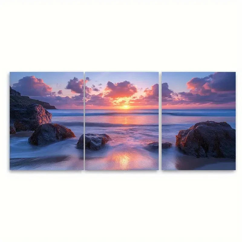 3pcs Ocean Sunset at Little Fistral Beach D  Wall Art Set Canvas Framed 40x60cm - High Quality Print 100% Australian Made Wall Canvas Ready to Hang