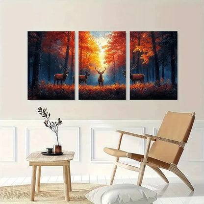 3pcs Rustic Deer Autumn Forest Landscape Wall Art Set Canvas Framed 60x90cm - High Quality Print 100% Australian Made Wall Canvas Ready to Hang - Bella Home Decor