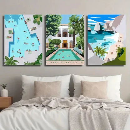 3pcs Vibrant Moroccan Swimming Pool Wall Art Canvas Unframed - High Quality Print 100% Australian Made Wall Canvas