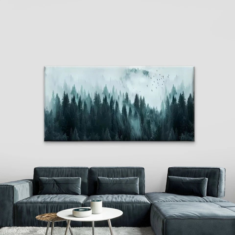 Teal & Green Misty Mountain Wall Art Canvas Office Home Room Framed 120x60cm