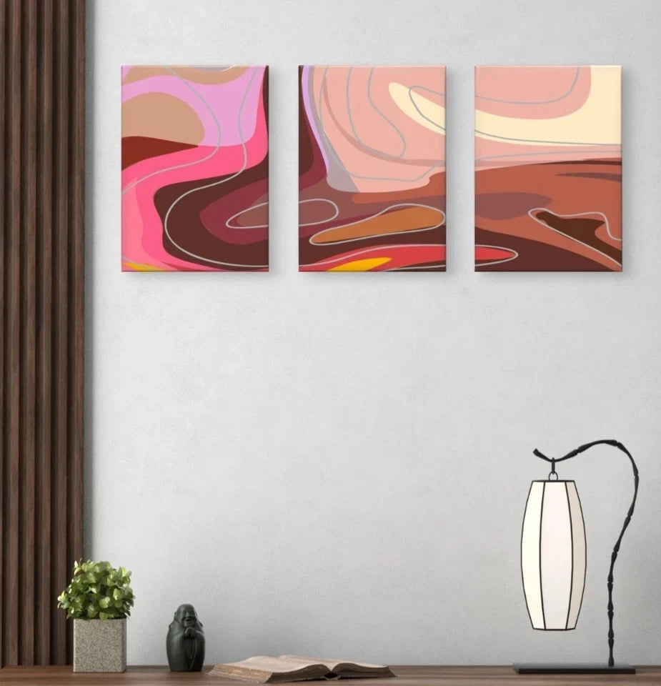 3pcs Modern Abstract Pink and Brown Fluid Shapes Wall Art Set Canvas Framed 50x70cm - High Quality Print 100% Australian Made Wall Canvas Ready to Hang