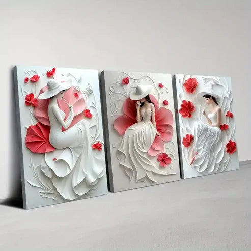 3pcs Elegant Woman with Red Flowers Painting Wall Art Canvas Unframed - High Quality Print 100% Australian Made Wall Canvas