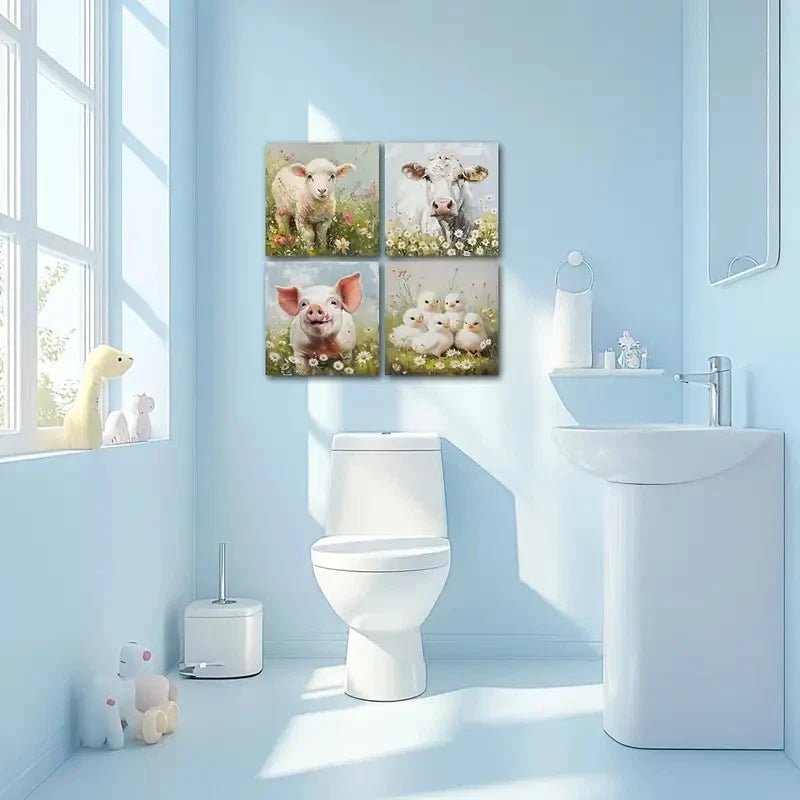 4pcs Cattle,Sheep And Duck With Flowers Picture Wall Art Canvas Framed