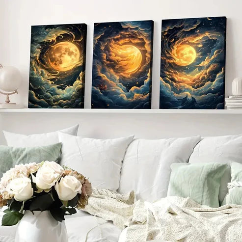 3pcs Night Sky Clouds Stunning Golden Moon Wall Art Set Canvas Unframed - High Quality Print 100% Australian Made Wall Canvas