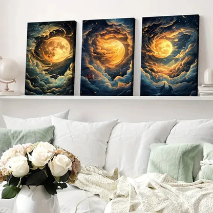 3pcs Night Sky Clouds Stunning Golden Moon Wall Art Set Canvas Unframed - High Quality Print 100% Australian Made Wall Canvas