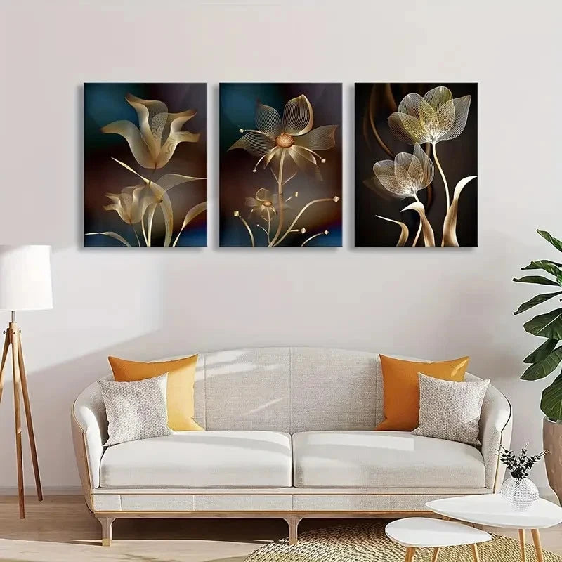 3pcs Black and White Abstract Floral Painting Metal Print Ready to Hang Art - Bella Home Decor