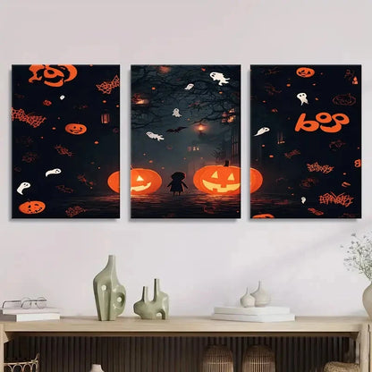 3pcs Spooky Pumpkin and Haunt  SPH    Wall Art Set Canvas Framed 50x70cm - High Quality Print 100% Australian Made Wall Canvas Ready to Hang - Bella Home Decor