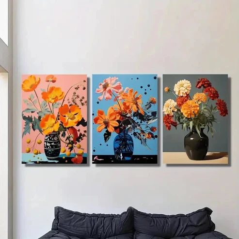 3pcs Colorful Botanical Flowers in Vases Wall Art Set Canvas Unframed - High Quality Print 100% Australian Made Wall Canvas - Bella Home Decor