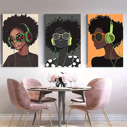 3pcs Girl  with Headphones  Modern  GHM Wall Art Canvas Framed 40x60cm - High Quality Print 100% Australian Made Wall Canvas Ready to Hang - Bella Home Decor