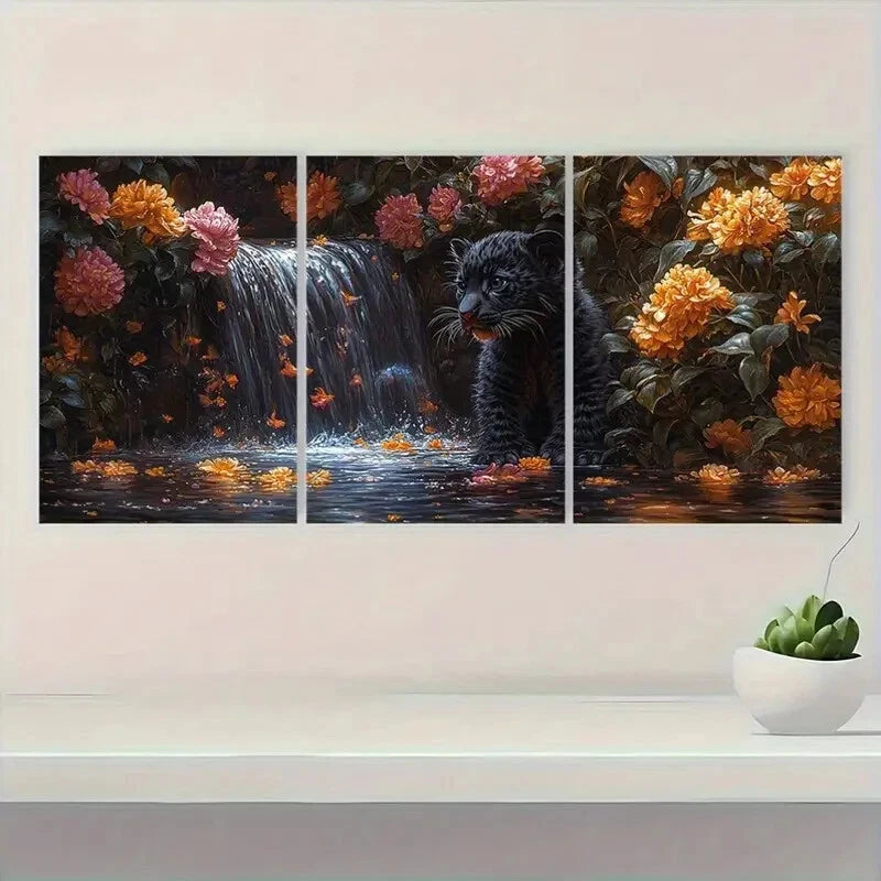 3pcs Black Panther Cub Waterfall & Floral Metal Print Ready to Hang Art - Bella Home Decor