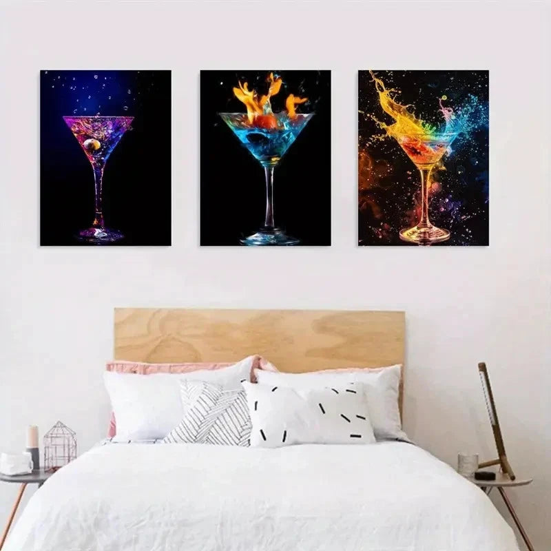 3pcs Abstract Flaming Martini Glass Metal Print Ready to Hang Art - Bella Home Decor
