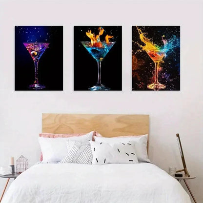 3pcs Abstract Flaming Martini Glass Metal Print Ready to Hang Art - Bella Home Decor