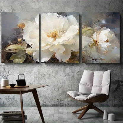 3pcs Abstract White Flowers Green Leaves Wall Art Set Canvas Framed 60x90cm - High Quality Print 100% Australian Made Wall Canvas Ready to Hang