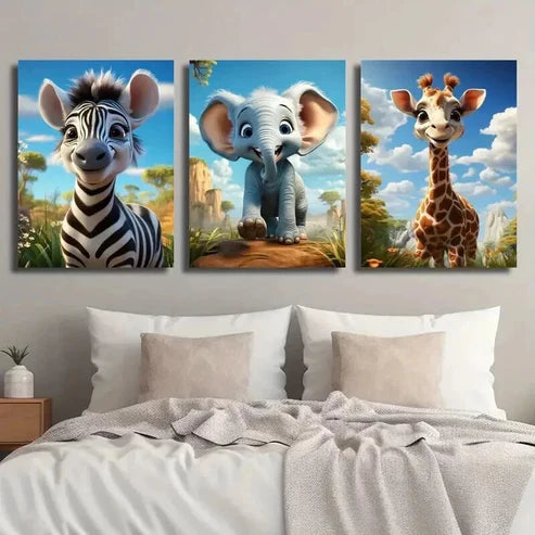 3pcs Zebra Elephant Giraffe in Nature Scene Wall Art Canvas Unframed - High Quality Print 100% Australian Made Wall Canvas