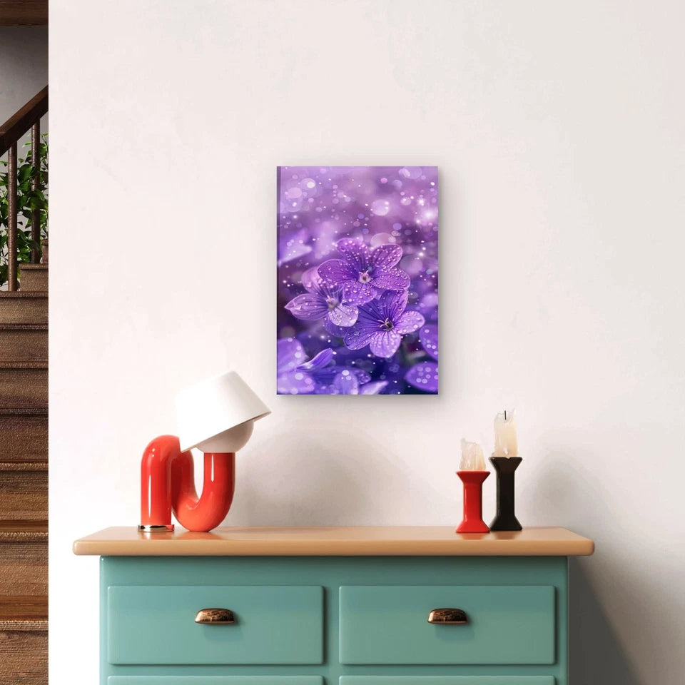 Purple Flowers with Water Droplets 60x90cm Metal Print Ready to Hang