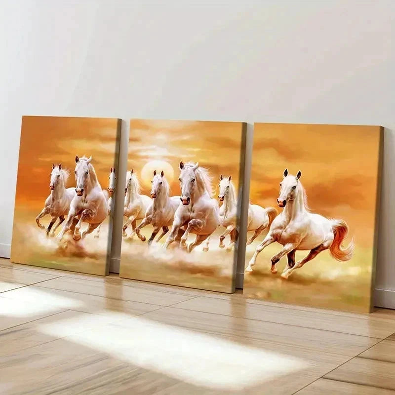 3pcs Animals White Horses Running Modern Wall Art Set Canvas Framed 50x70cm - High Quality Print 100% Australian Made Wall Canvas Ready to Hang - Bella Home Decor