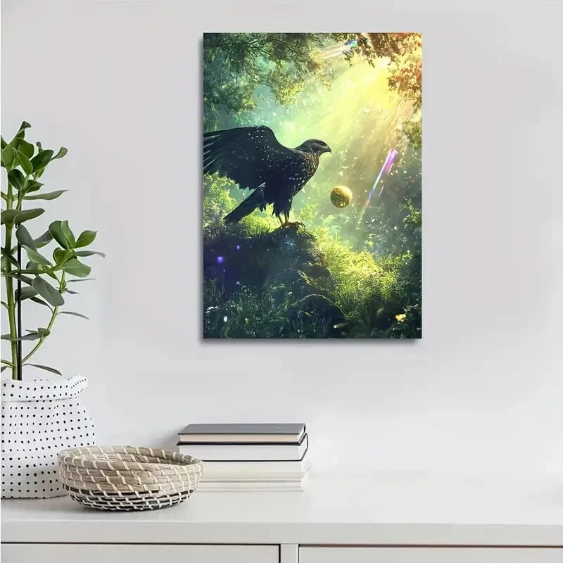 Fantasy Hawk & Rainbow Reflections In Lush Painting 40x60cm Metal Print Ready to Hang - Bella Home Decor