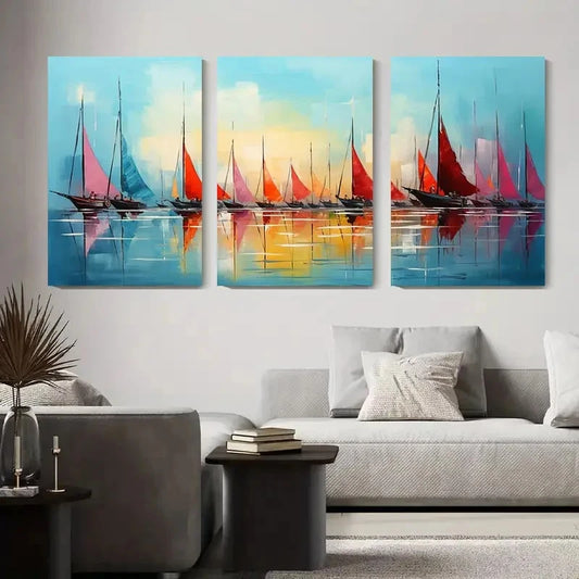 3pcs Colorful Yachts on Calm Water Wall Art Set Canvas Framed 50x70cm - High Quality Print 100% Australian Made Wall Canvas Ready to Hang