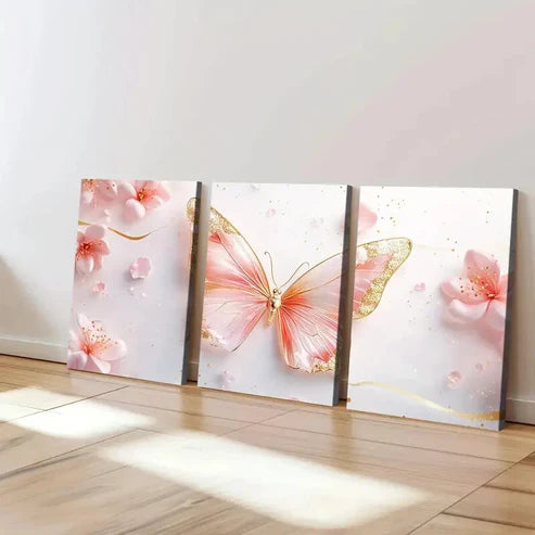 3pcs Abstract Geometric Pink & Golden Butterfly Wall Art Canvas Unframed - High Quality Print 100% Australian Made Wall Canvas - Bella Home Decor