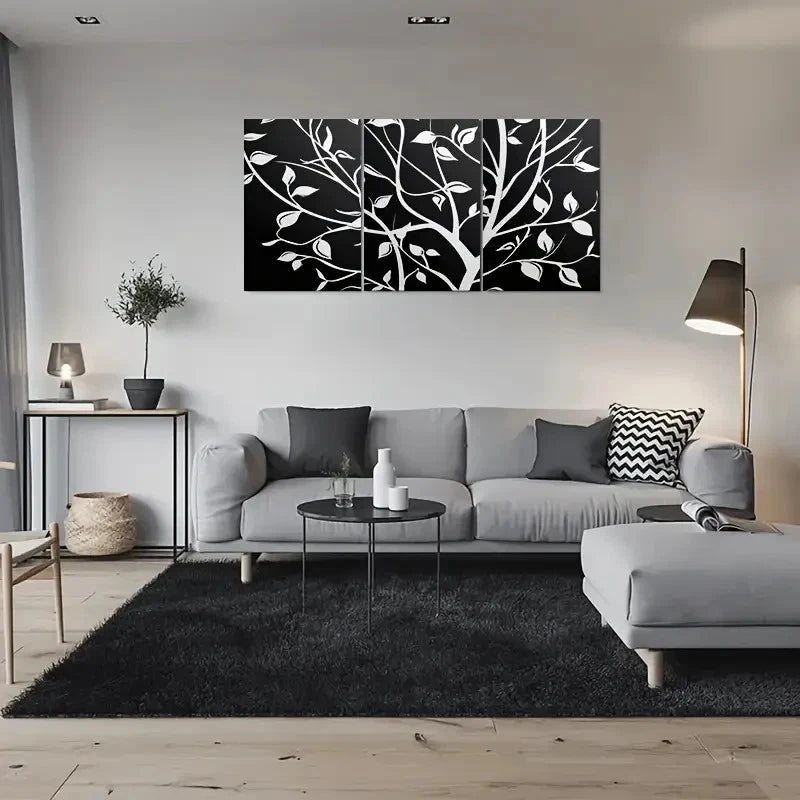 3pcs Black and White Modern Abstract Tree Metal Print Ready to Hang Art - Bella Home Decor