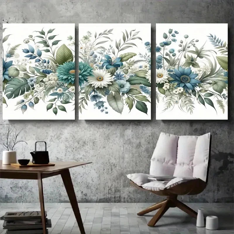 3pcs Vibrant Blue Green Floral Bouquet Wall Art Set Canvas Framed 60x90cm - High Quality Print 100% Australian Made Wall Canvas Ready to Hang