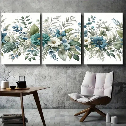 3pcs Vibrant Blue Green Floral Bouquet Wall Art Set Canvas Framed 60x90cm - High Quality Print 100% Australian Made Wall Canvas Ready to Hang