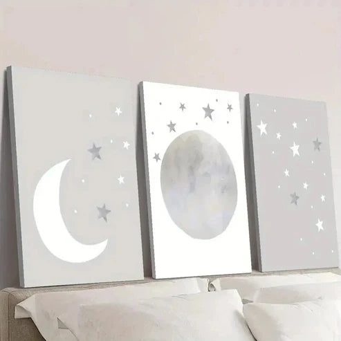 3pcs Neutral Gray Moon and Stars Wall Art Canvas Unframed - High Quality Print 100% Australian Made Wall Canvas
