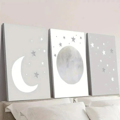3pcs Neutral Gray Moon and Stars Wall Art Canvas Unframed - High Quality Print 100% Australian Made Wall Canvas