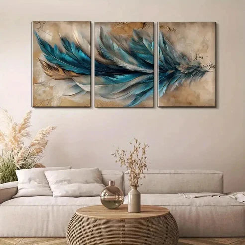 3pcs Blue & Golden Abstract Feather Modern Perfect Wall Art Canvas Unframed – High Quality Print 100% Australian Made Wall Canvas - Bella Home Decor